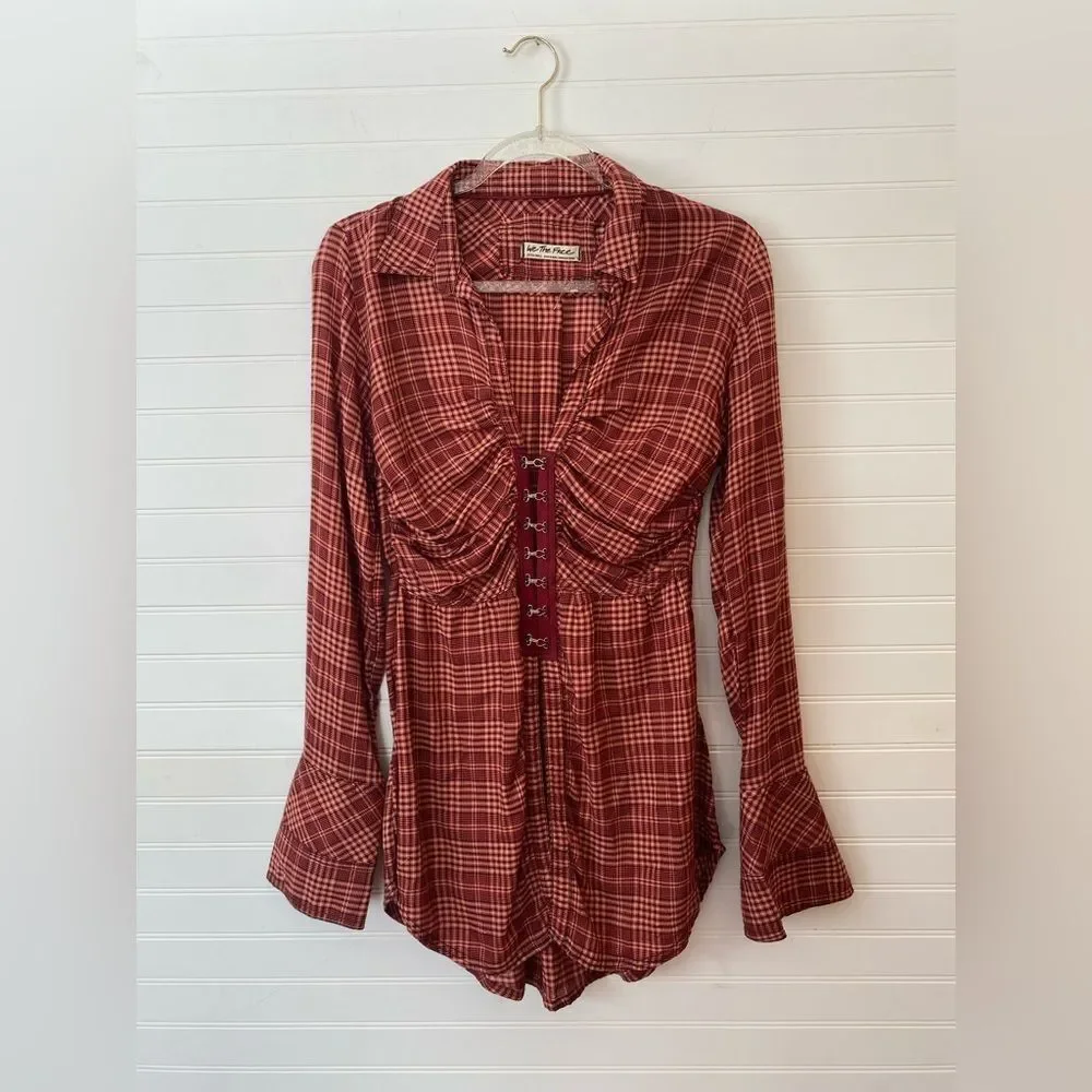 Free People We The Free Catalynn Cinched Plaid Blouse NWT Gingham Size XSmall